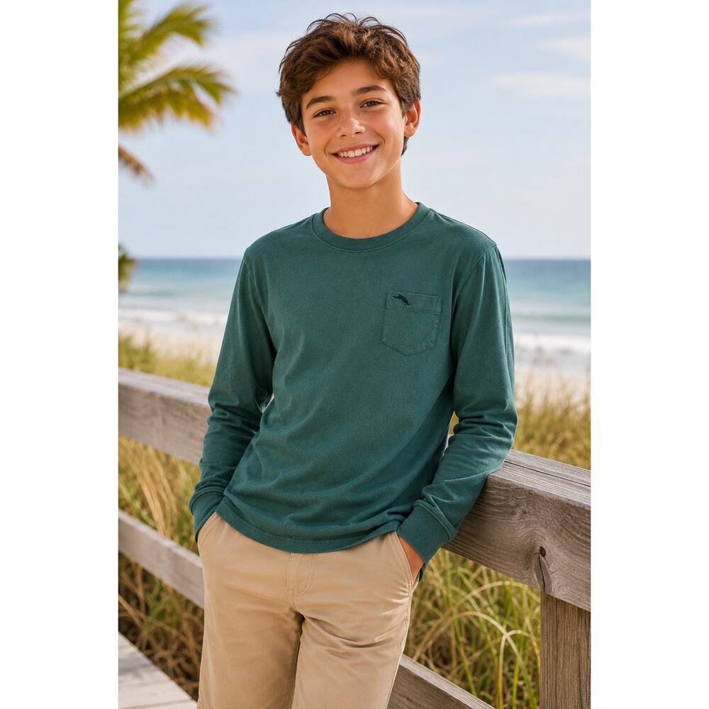 Tommy Bahama T Shirt Boys Large Green Long Sleeve Pocket Tee  Cotton